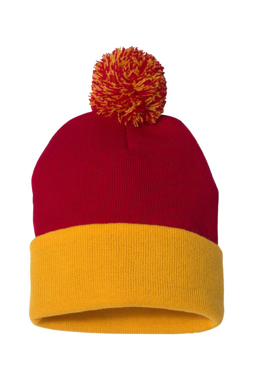 Sportsman Hats SP15 Unisex Pom-Pom Cuffed Beanie Red/Gold Flat Front