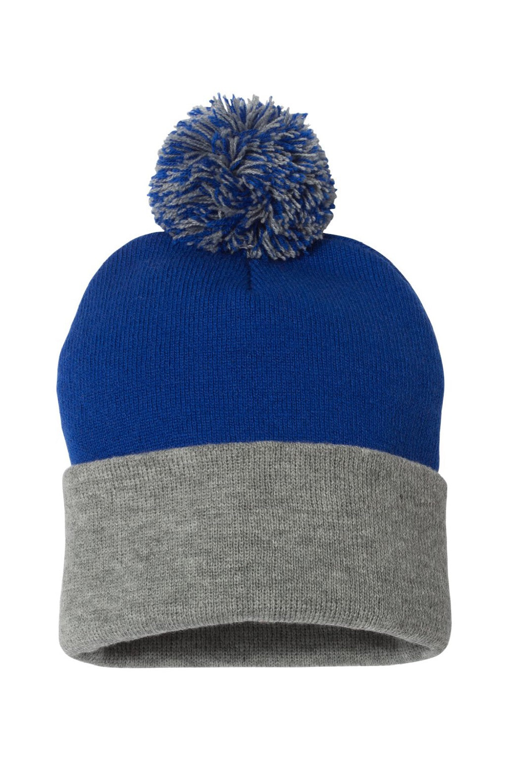 Sportsman Hats SP15 Unisex Pom-Pom Cuffed Beanie Royal Blue/Heather Light Grey Flat Front