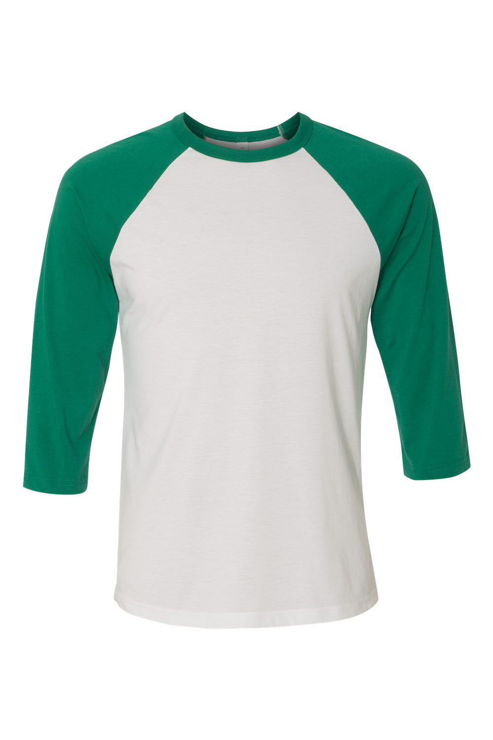 Bella + Canvas BC3200/3200 Mens 3/4 Sleeve Crewneck T-Shirt White/Kelly Green Flat Front