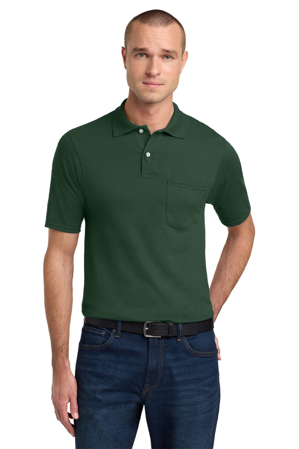Jerzees 436MP Mens SpotShield Stain Resistant Short Sleeve Polo Shirt w/ Pocket Forest Green Model Front