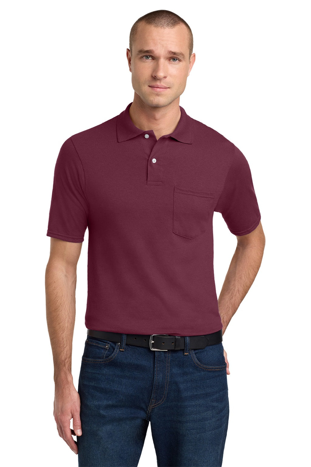 Jerzees 436MP Mens SpotShield Stain Resistant Short Sleeve Polo Shirt w/ Pocket Maroon Model Front