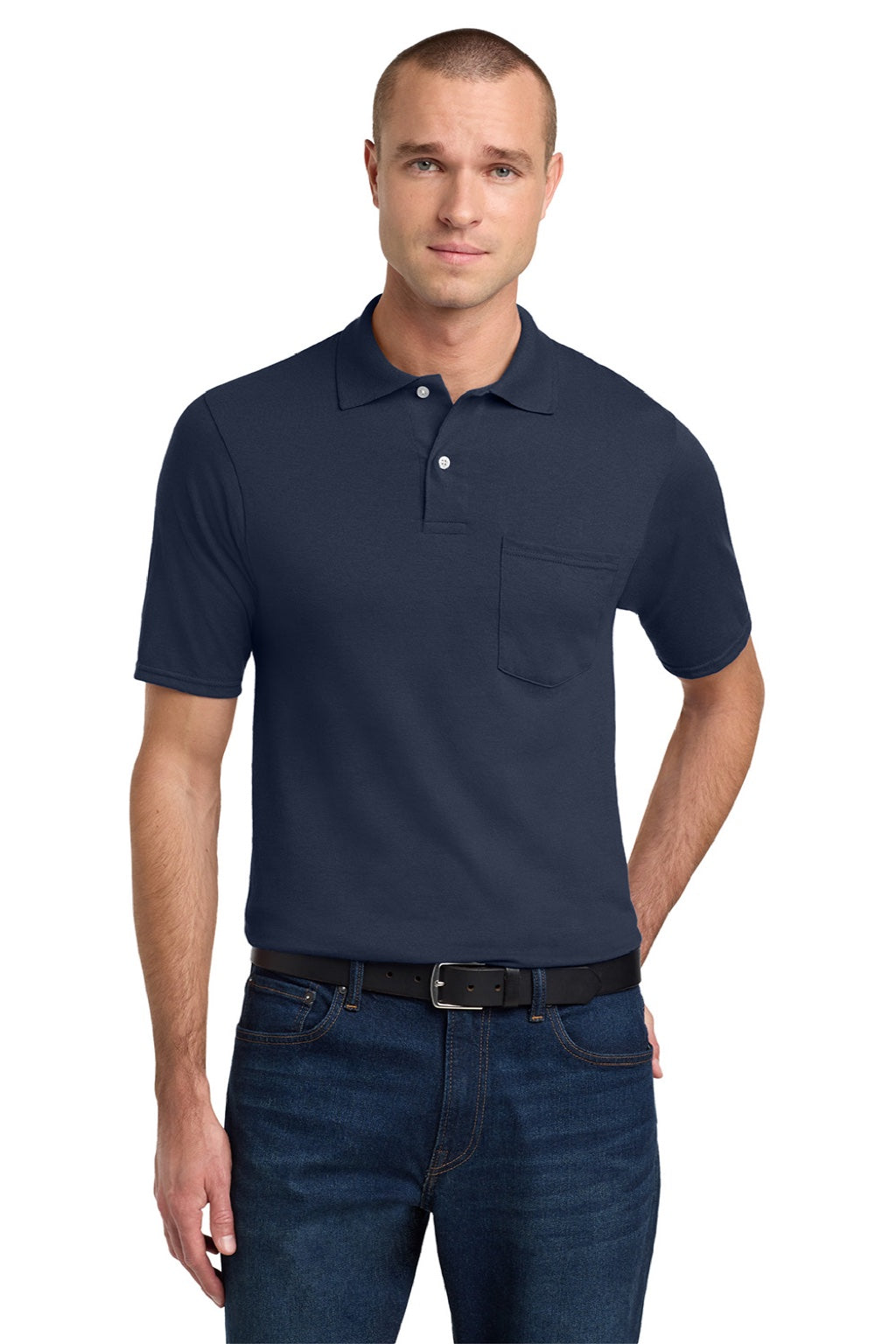 Jerzees 436MP Mens SpotShield Stain Resistant Short Sleeve Polo Shirt w/ Pocket Navy Blue Model Front