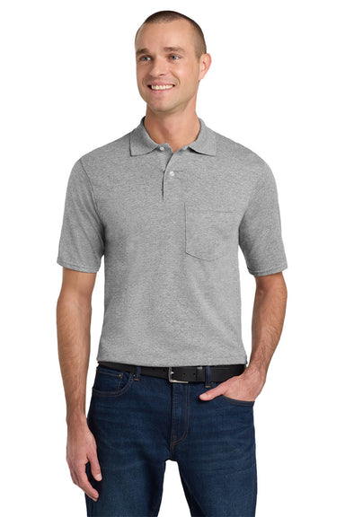 Jerzees 436MP Mens SpotShield Stain Resistant Short Sleeve Polo Shirt w/ Pocket Oxford Grey Model Front