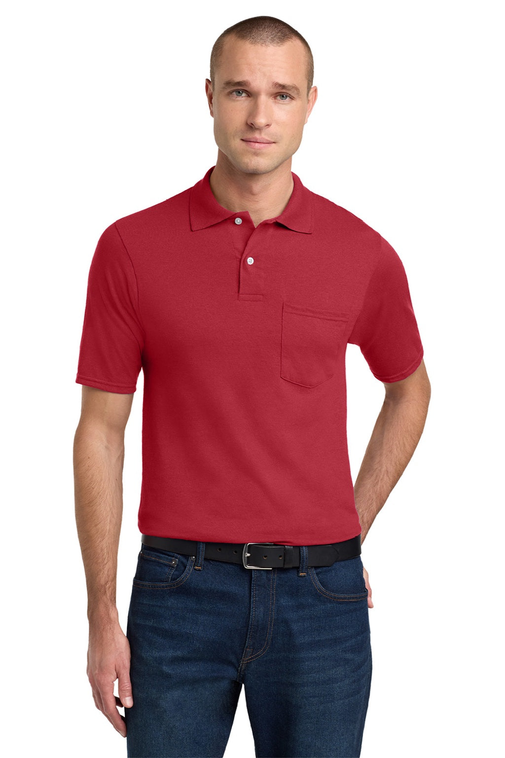 Jerzees 436MP Mens SpotShield Stain Resistant Short Sleeve Polo Shirt w/ Pocket True Red Model Front