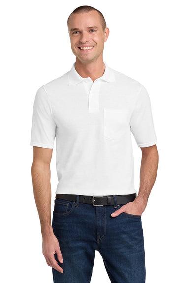Jerzees 436MP Mens SpotShield Stain Resistant Short Sleeve Polo Shirt w/ Pocket White Model Front