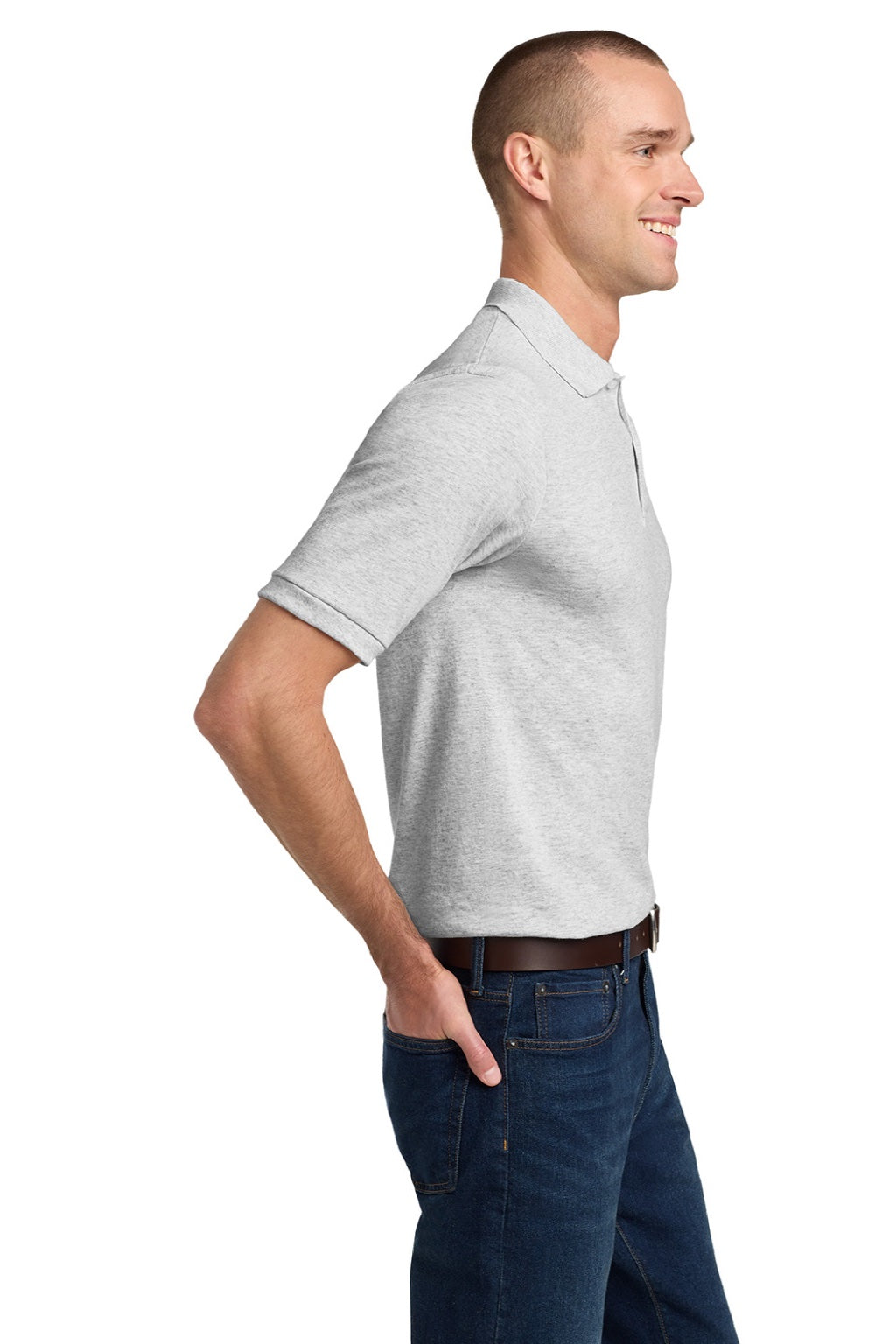 Jerzees 437M/437MSR Mens SpotShield Stain Resistant Short Sleeve Polo Shirt Ash Grey Model Side