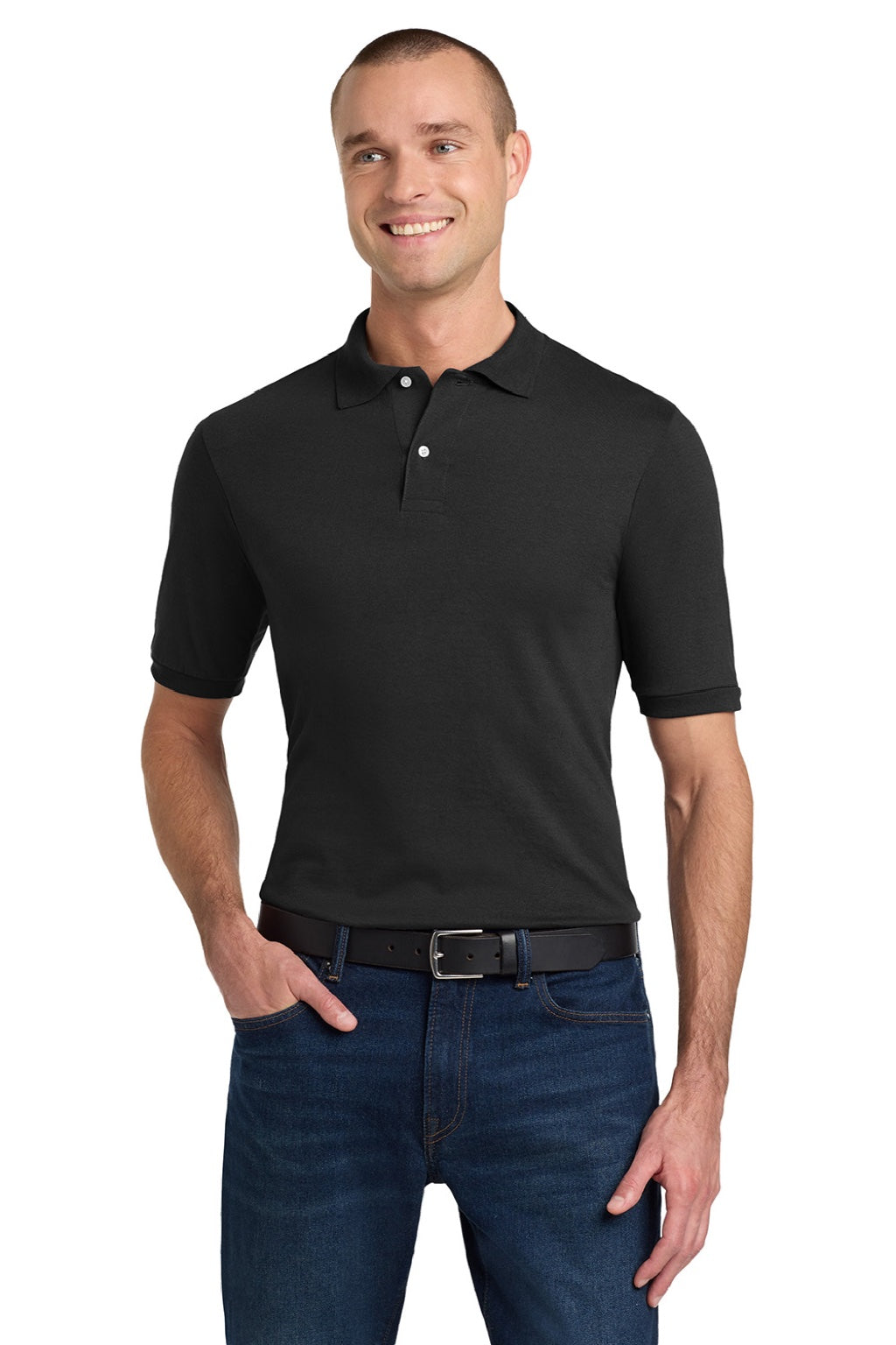 Jerzees 437M/437MSR Mens SpotShield Stain Resistant Short Sleeve Polo Shirt Black Model Front