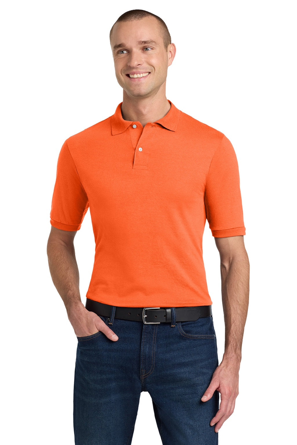 Jerzees 437M/437MSR Mens SpotShield Stain Resistant Short Sleeve Polo Shirt Safety Orange Model Front