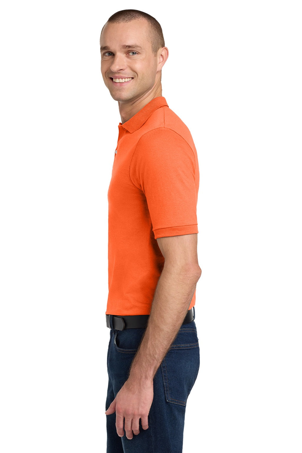 Jerzees 437M/437MSR Mens SpotShield Stain Resistant Short Sleeve Polo Shirt Safety Orange Model Side