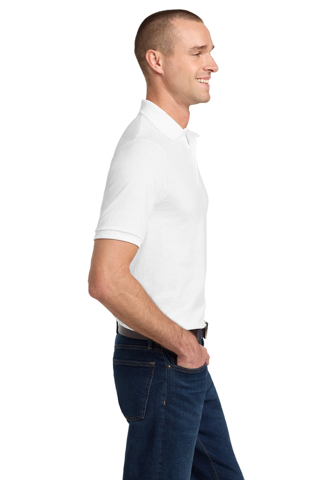 Jerzees 437M/437MSR Mens SpotShield Stain Resistant Short Sleeve Polo Shirt White Model Side