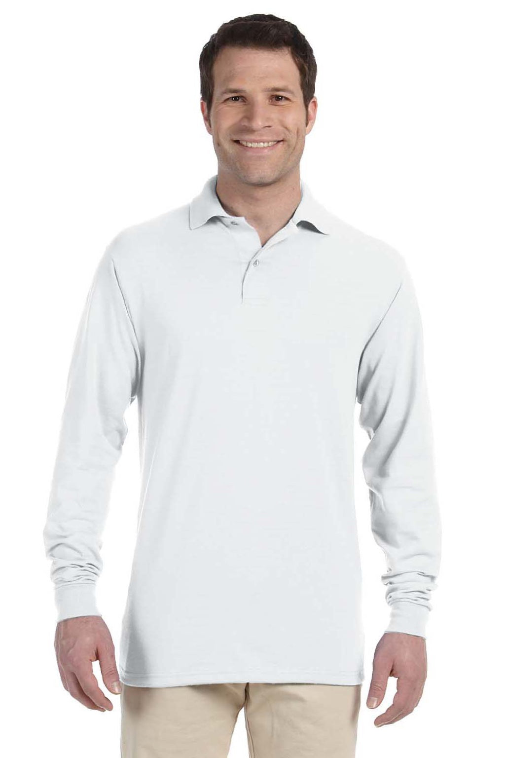 Jerzees 437LR Mens SpotShield Stain Resistant Long Sleeve Polo Shirt White Model Front