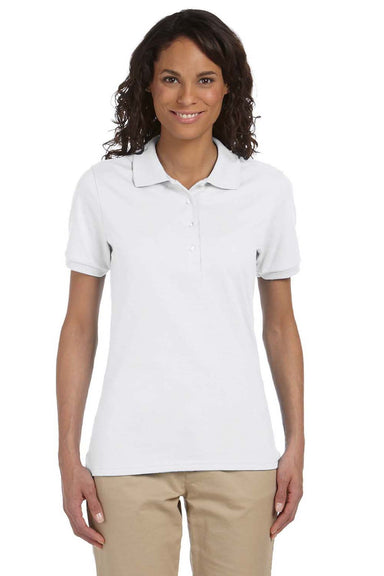 Jerzees 437WR Womens SpotShield Stain Resistant Short Sleeve Polo Shirt White Model Front