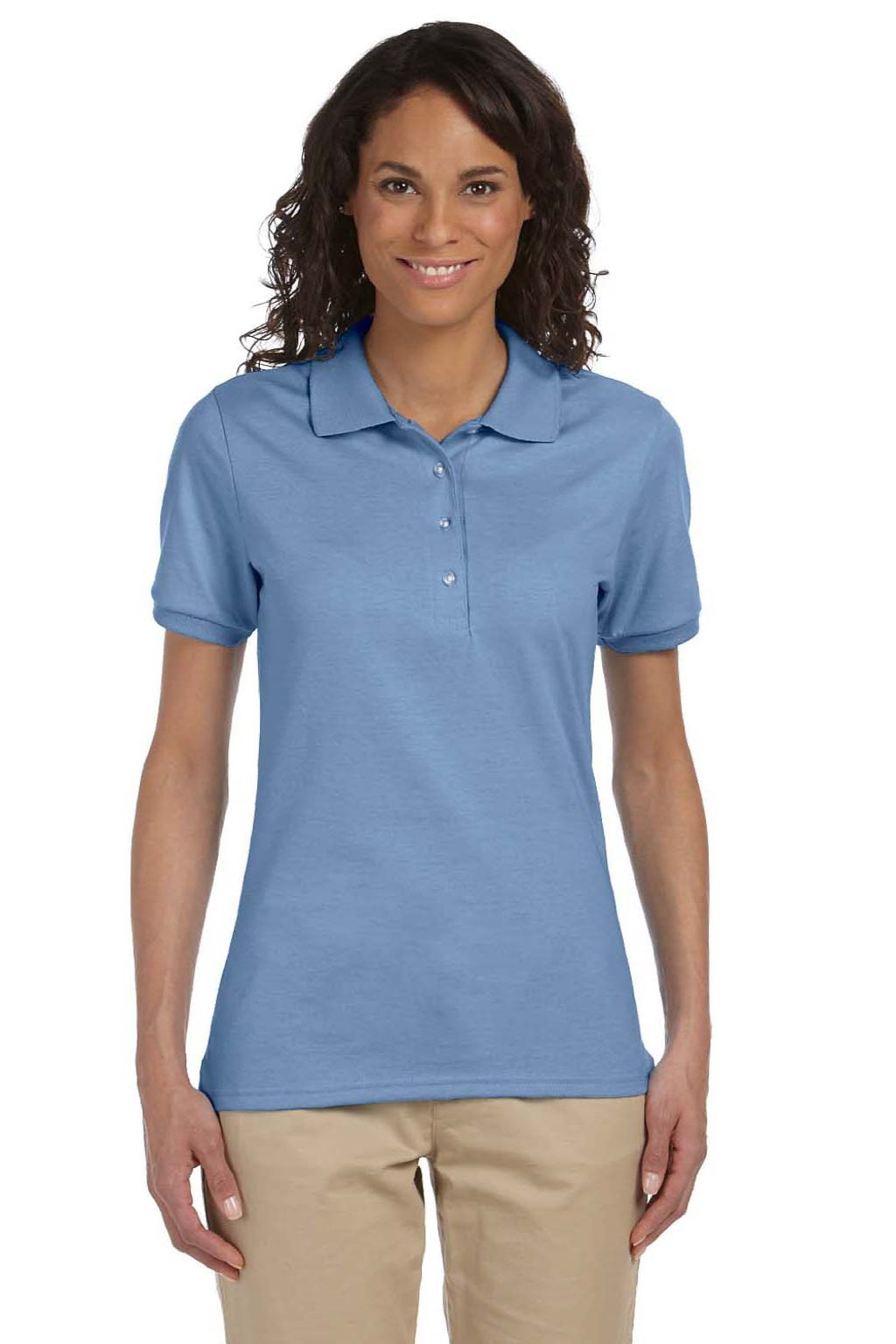 Jerzees 437WR Womens SpotShield Stain Resistant Short Sleeve Polo Shirt Light Blue Model Front