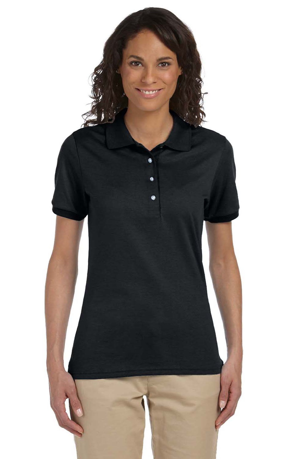 Jerzees 437WR Womens SpotShield Stain Resistant Short Sleeve Polo Shirt Black Model Front