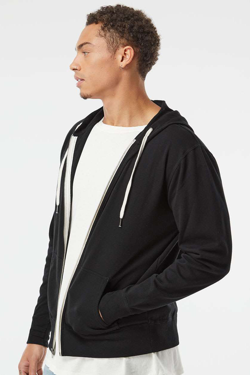Independent Trading Company PRM90HTZ Mens French Terry Full Zip Hooded Sweatshirt Hoodie w/ Pockets Black Model Side