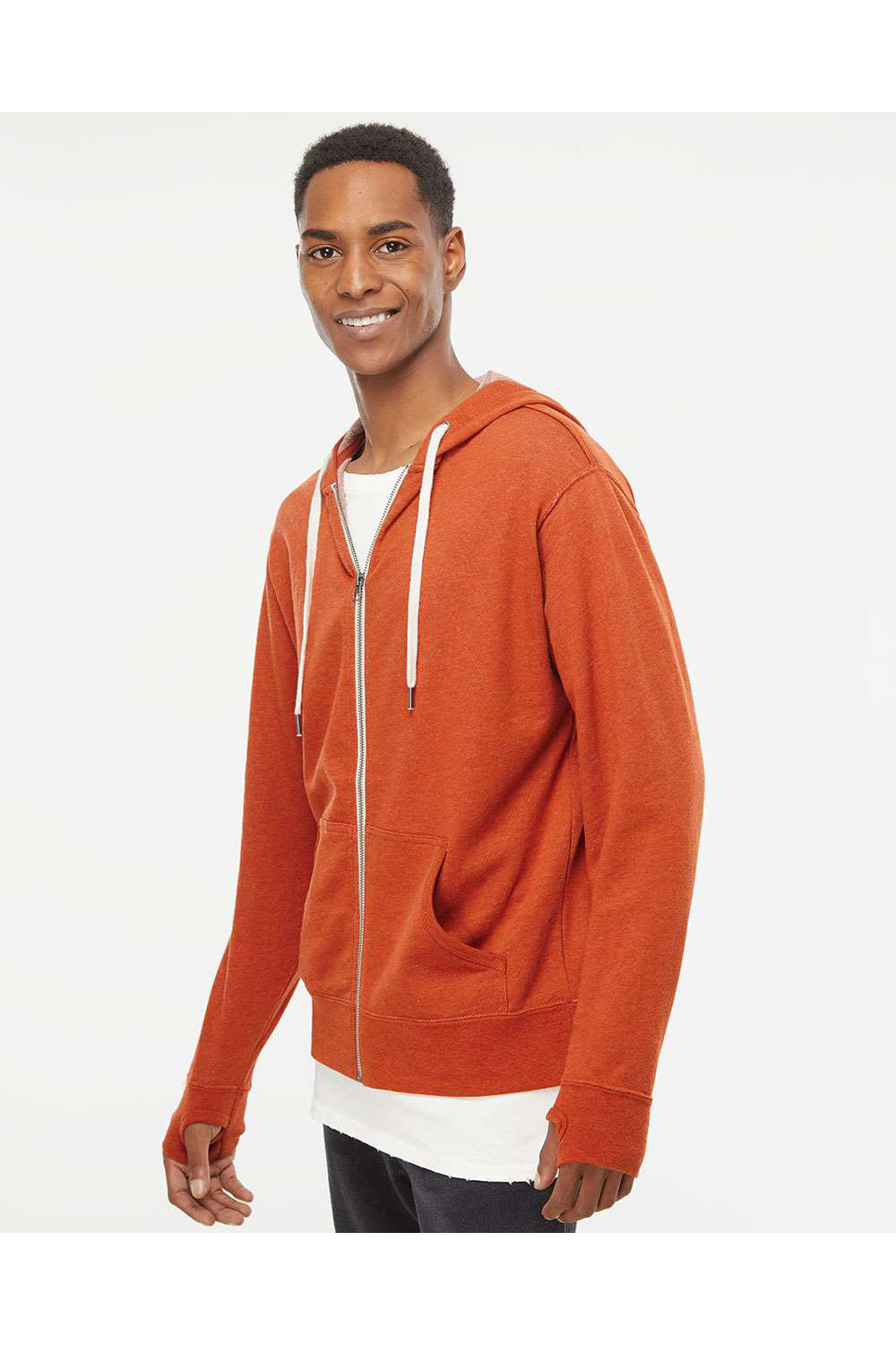 Independent Trading Co. PRM90HTZ Mens French Terry Full Zip Hooded Sweatshirt Hoodie Heather Burnt Orange Model Side