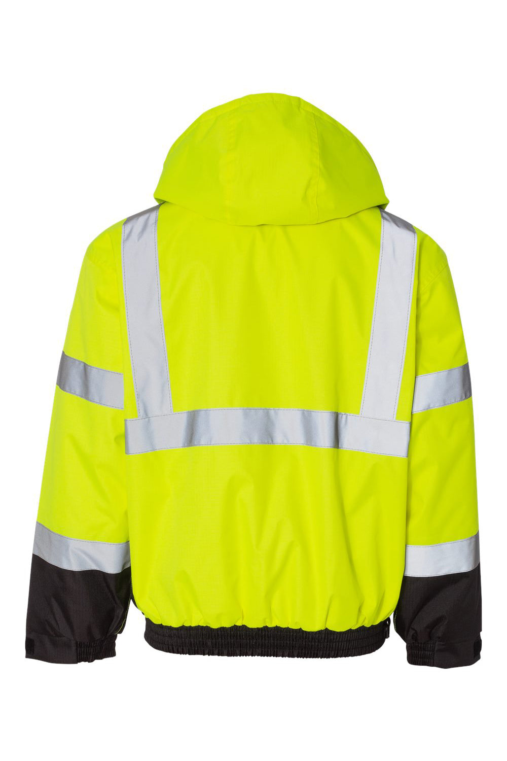 Kishigo JS130-132 Mens Ripstop Waterproof Full Zip Hooded Bomber Jacket Lime Green/Black Flat Back