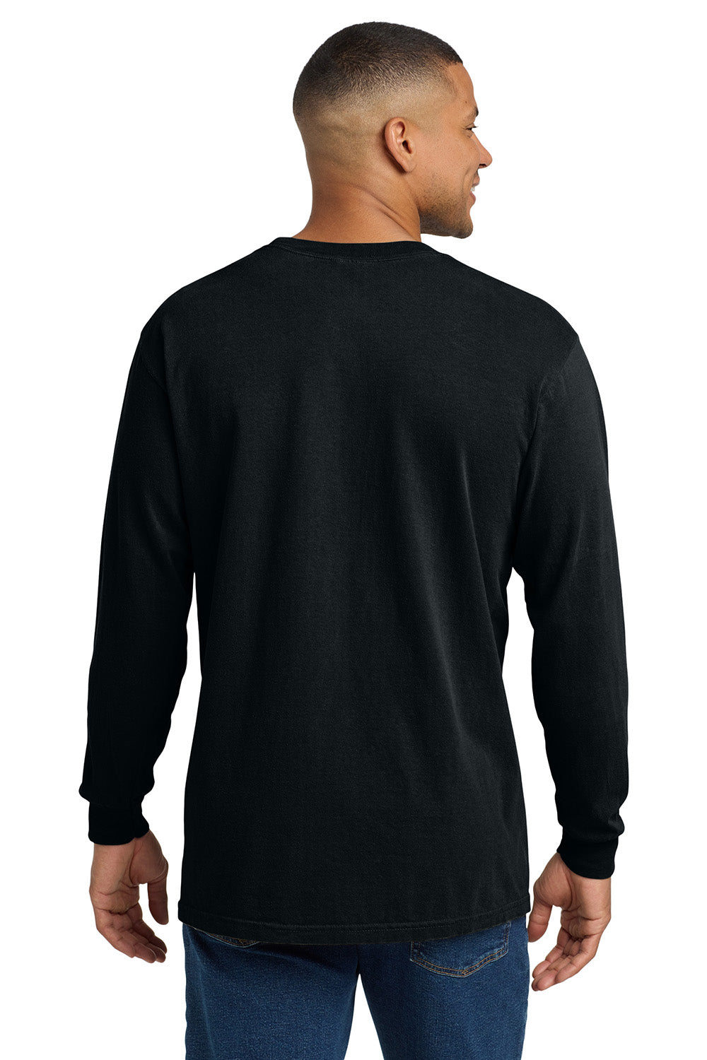 Comfort Colors 4410/C4410 Mens Long Sleeve Crewneck T-Shirt w/ Pocket Black Model Back
