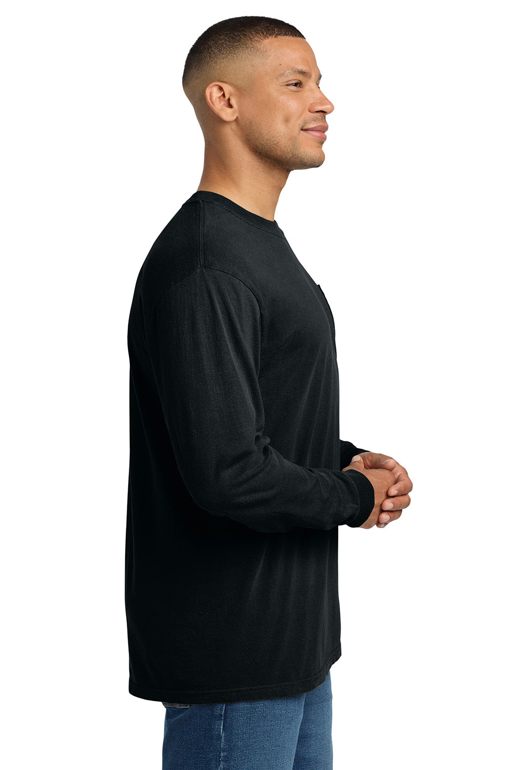 Comfort Colors 4410/C4410 Mens Long Sleeve Crewneck T-Shirt w/ Pocket Black Model Side