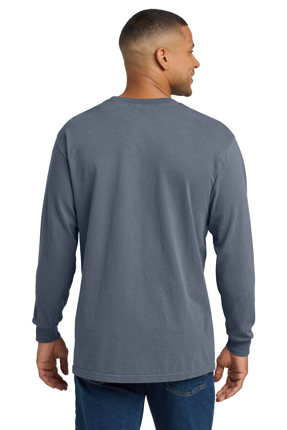 Comfort Colors 4410/C4410 Mens Long Sleeve Crewneck T-Shirt w/ Pocket Blue Jean Model Back