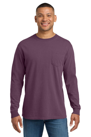 Comfort Colors 4410/C4410 Mens Long Sleeve Crewneck T-Shirt w/ Pocket Berry Purple Model Front