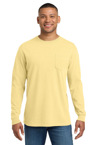 Comfort Colors 4410/C4410 Mens Long Sleeve Crewneck T-Shirt w/ Pocket Butter Yellow Model Front