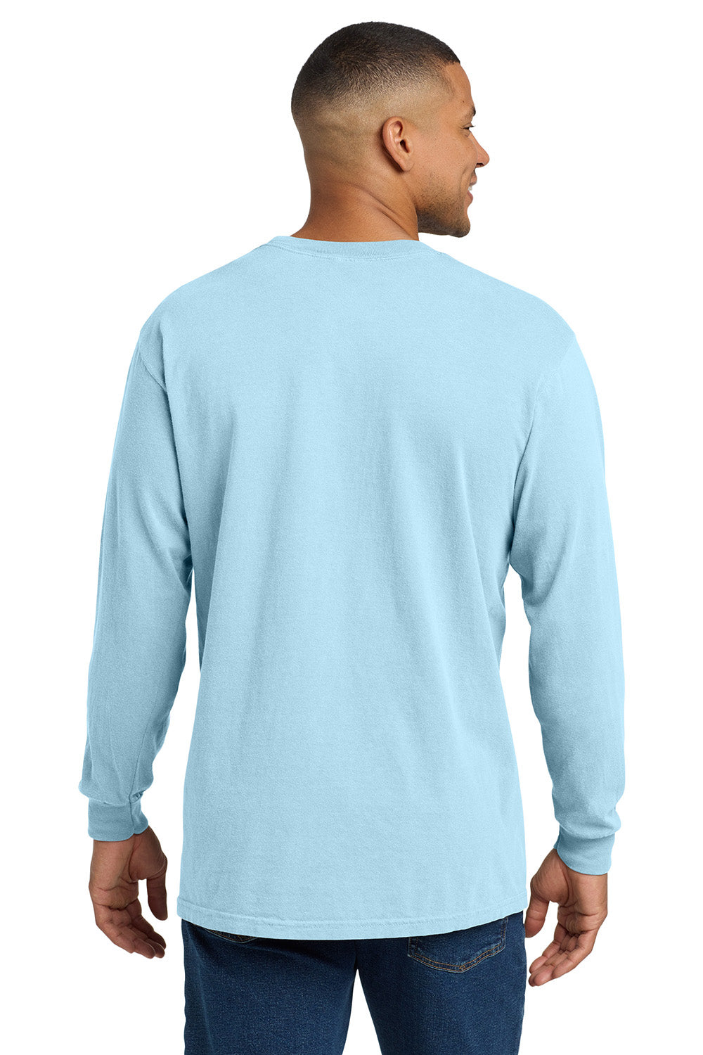 Comfort Colors 4410/C4410 Mens Long Sleeve Crewneck T-Shirt w/ Pocket Chambray Blue Model Back