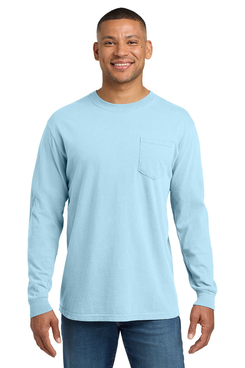 Comfort Colors 4410/C4410 Mens Long Sleeve Crewneck T-Shirt w/ Pocket Chambray Blue Model Front