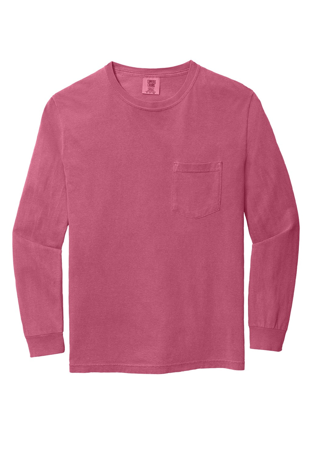 Comfort Colors 4410/C4410 Mens Long Sleeve Crewneck T-Shirt w/ Pocket Crunchberry Pink Flat Front