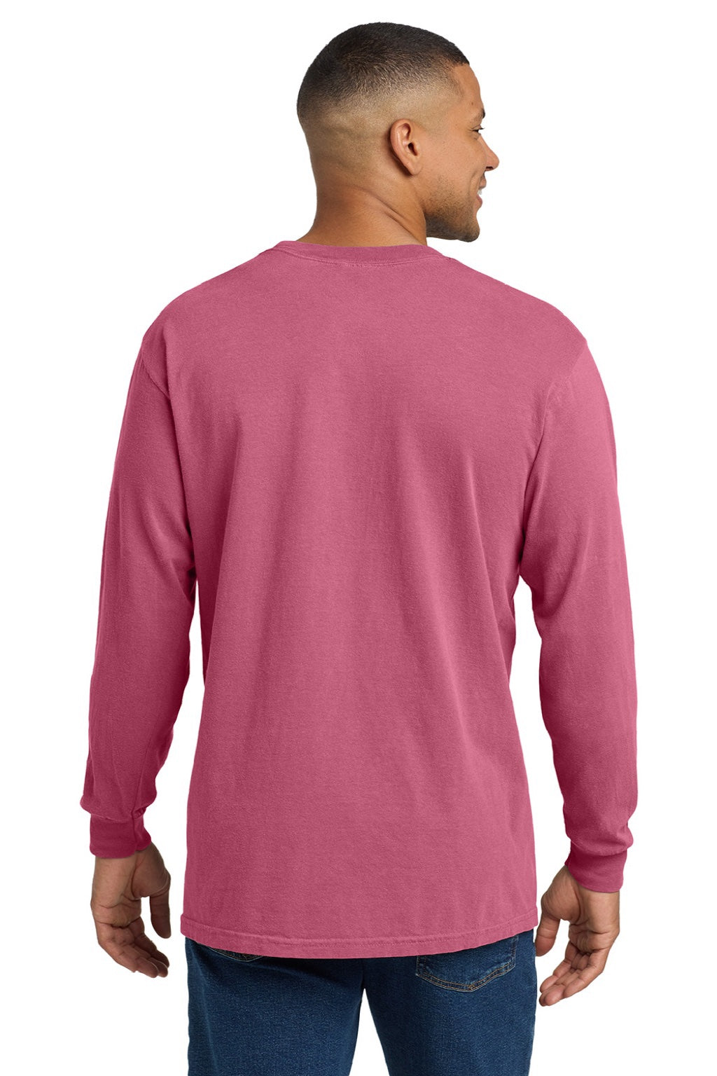 Comfort Colors 4410/C4410 Mens Long Sleeve Crewneck T-Shirt w/ Pocket Crunchberry Pink Model Back