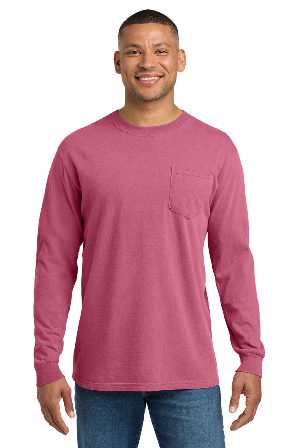 Comfort Colors 4410/C4410 Mens Long Sleeve Crewneck T-Shirt w/ Pocket Crunchberry Pink Model Front