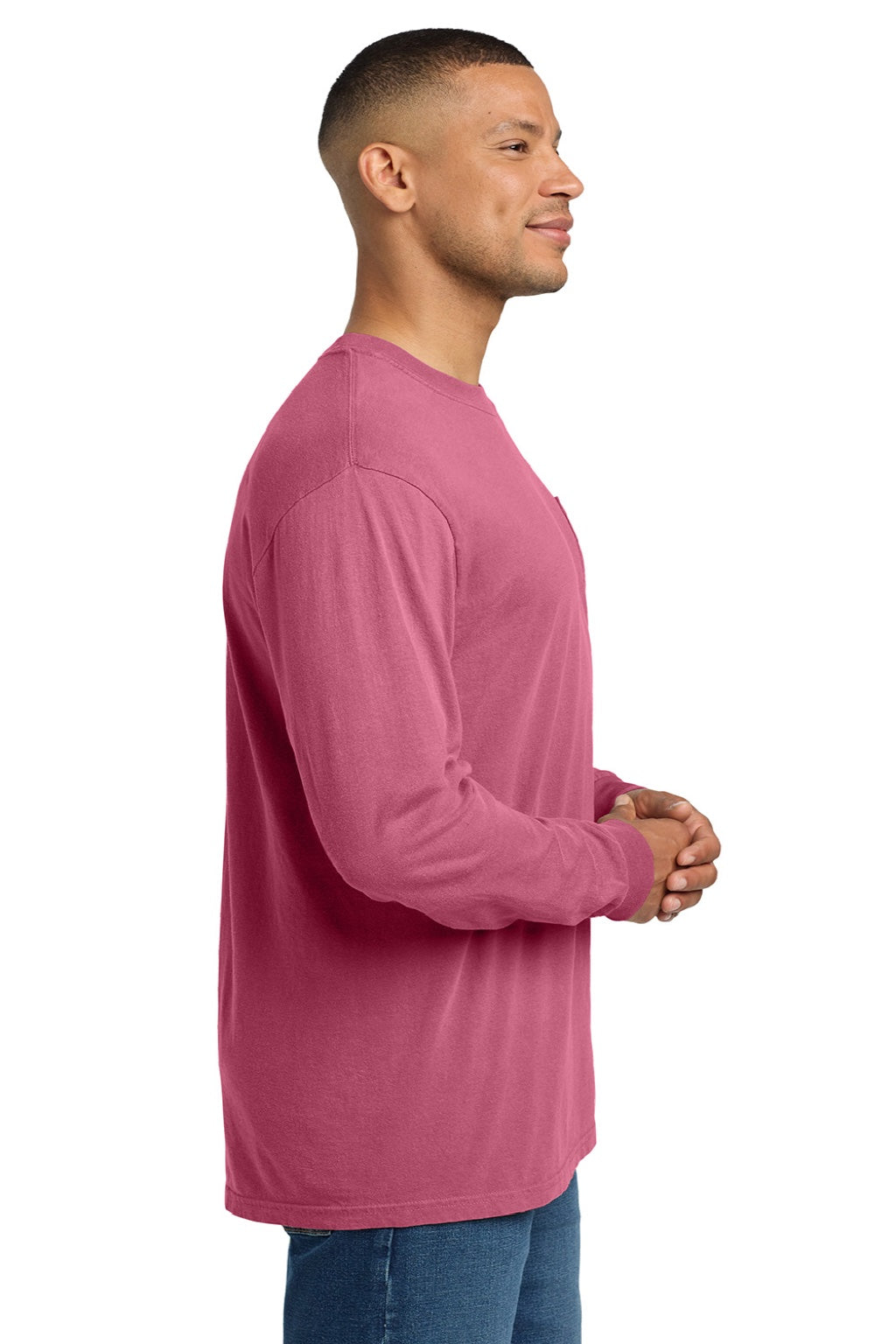 Comfort Colors 4410/C4410 Mens Long Sleeve Crewneck T-Shirt w/ Pocket Crunchberry Pink Model Side