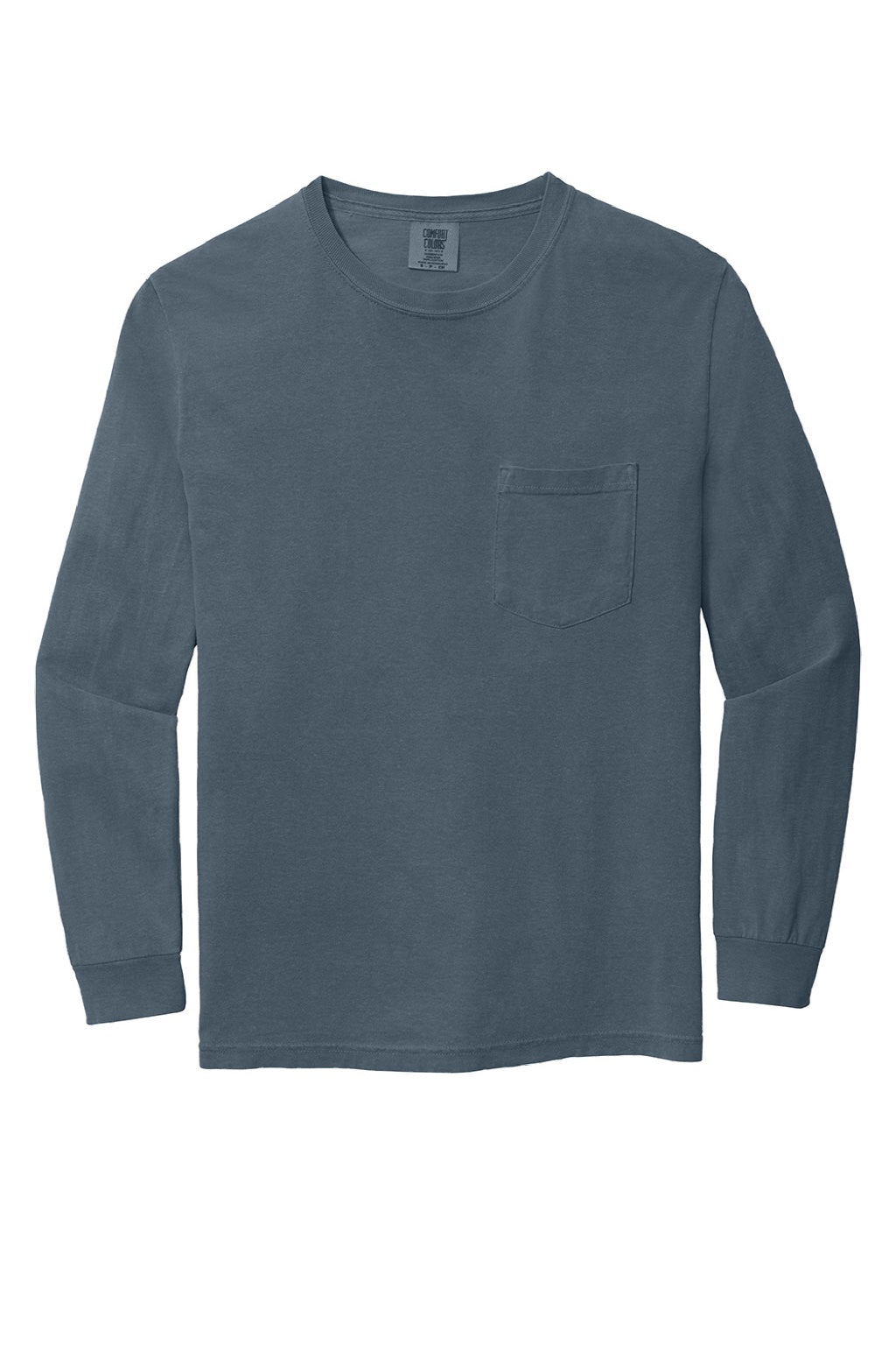 Comfort Colors 4410/C4410 Mens Long Sleeve Crewneck T-Shirt w/ Pocket Denim Blue Flat Front