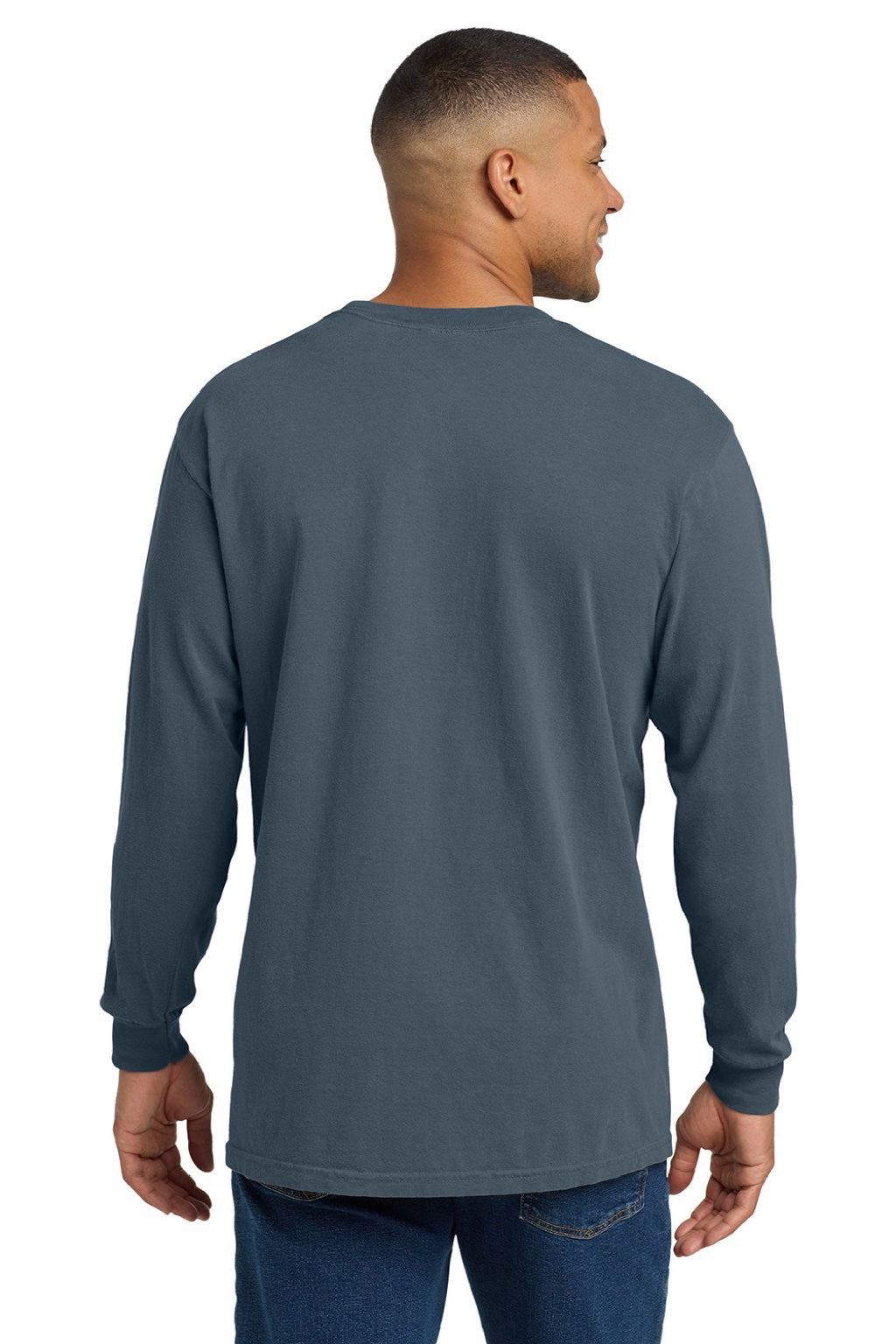 Comfort Colors 4410/C4410 Mens Long Sleeve Crewneck T-Shirt w/ Pocket Denim Blue Model Back