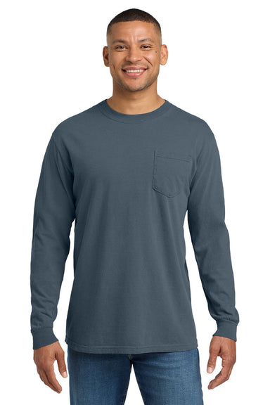 Comfort Colors 4410/C4410 Mens Long Sleeve Crewneck T-Shirt w/ Pocket Denim Blue Model Front