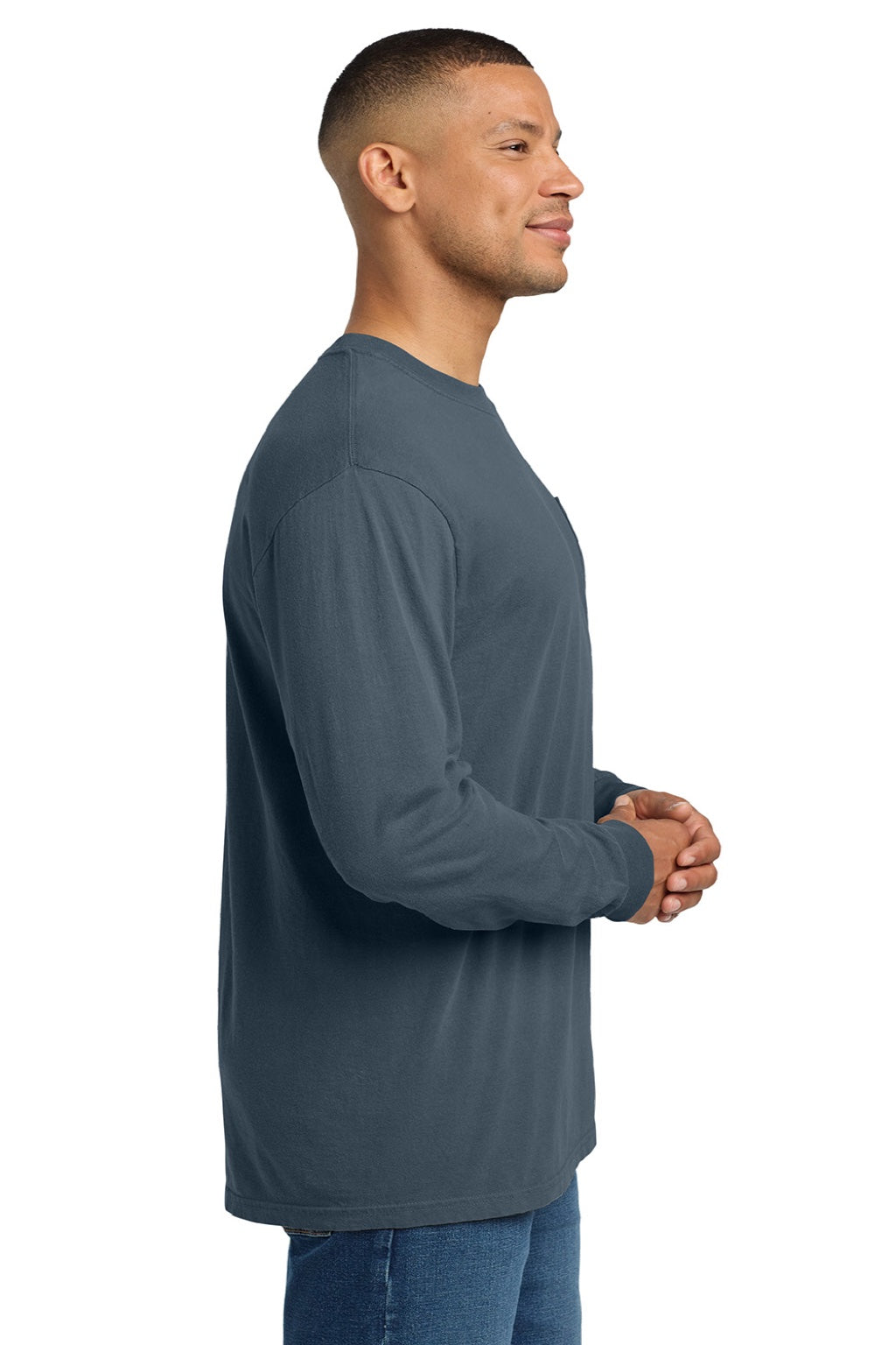 Comfort Colors 4410/C4410 Mens Long Sleeve Crewneck T-Shirt w/ Pocket Denim Blue Model Side