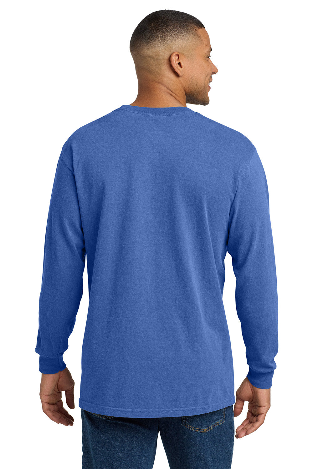 Comfort Colors 4410/C4410 Mens Long Sleeve Crewneck T-Shirt w/ Pocket Flo Blue Model Back