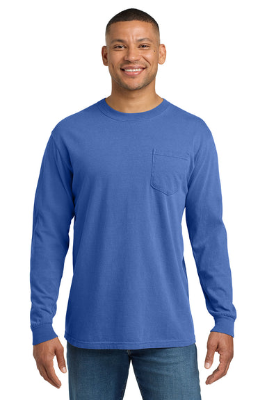 Comfort Colors 4410/C4410 Mens Long Sleeve Crewneck T-Shirt w/ Pocket Flo Blue Model Front