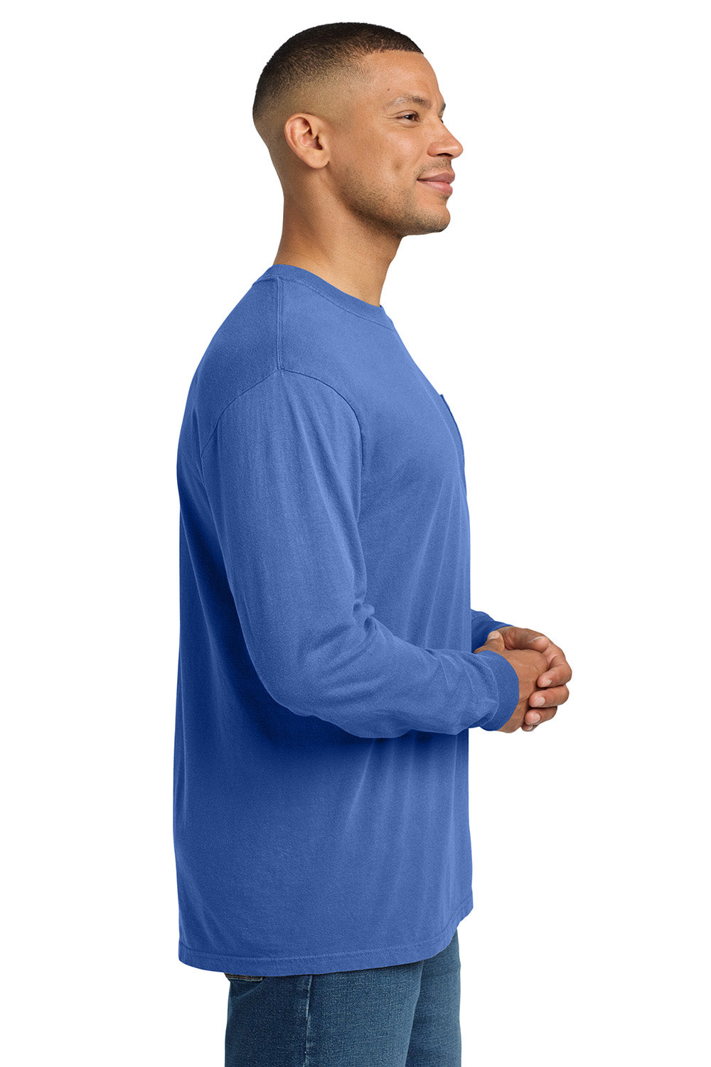 Comfort Colors 4410/C4410 Mens Long Sleeve Crewneck T-Shirt w/ Pocket Flo Blue Model Side