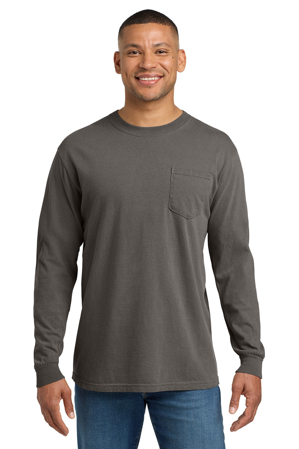 Comfort Colors 4410/C4410 Mens Long Sleeve Crewneck T-Shirt w/ Pocket Grey Model Front
