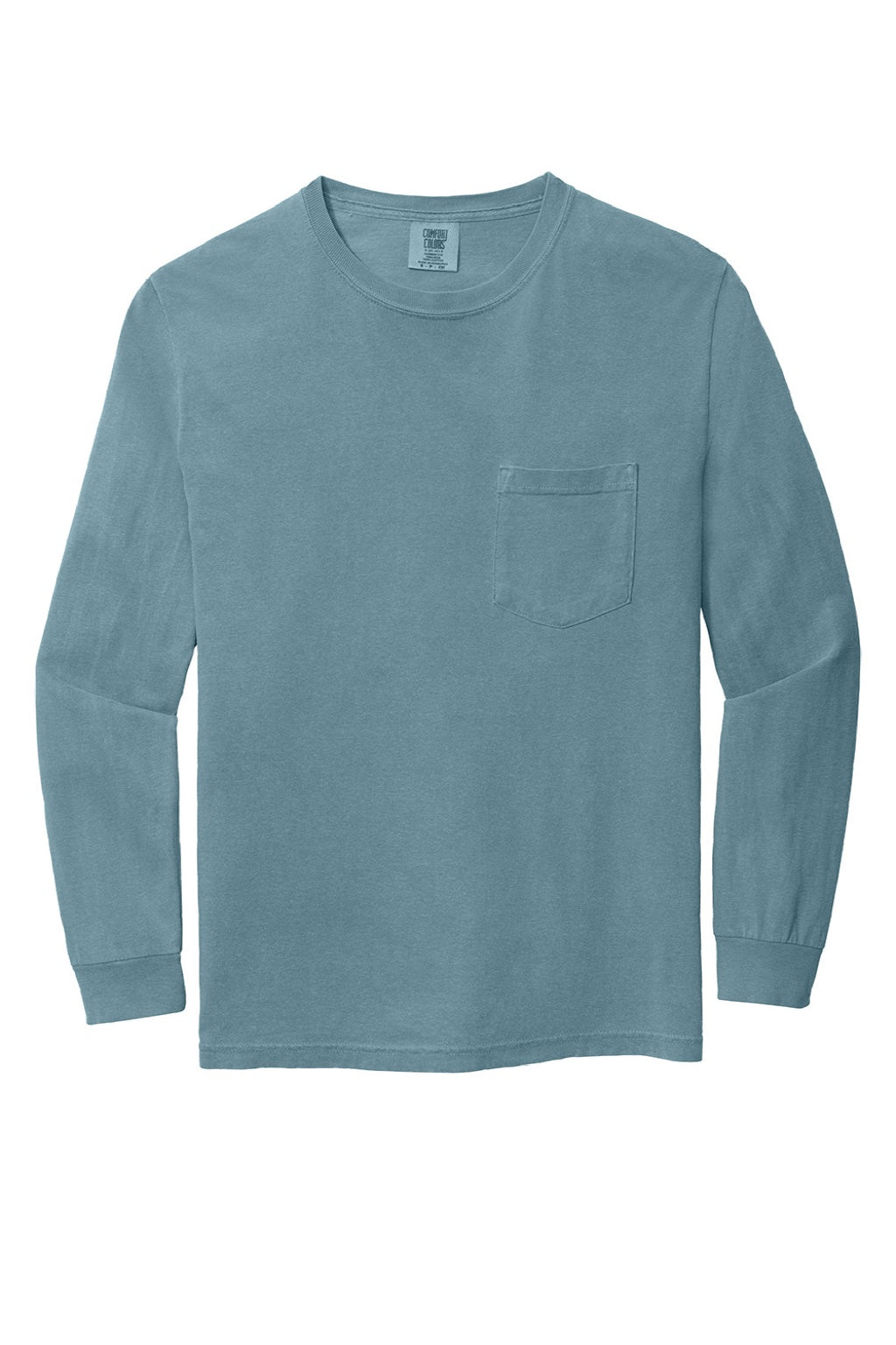 Comfort Colors 4410/C4410 Mens Long Sleeve Crewneck T-Shirt w/ Pocket Ice Blue Flat Front
