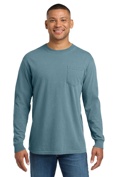 Comfort Colors 4410/C4410 Mens Long Sleeve Crewneck T-Shirt w/ Pocket Ice Blue Model Front