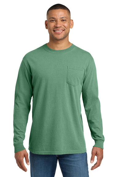 Comfort Colors 4410/C4410 Mens Long Sleeve Crewneck T-Shirt w/ Pocket Light Green Model Front