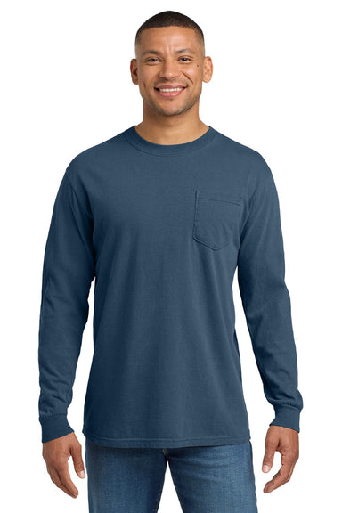 Comfort Colors 4410/C4410 Mens Long Sleeve Crewneck T-Shirt w/ Pocket Midnight Blue Model Front