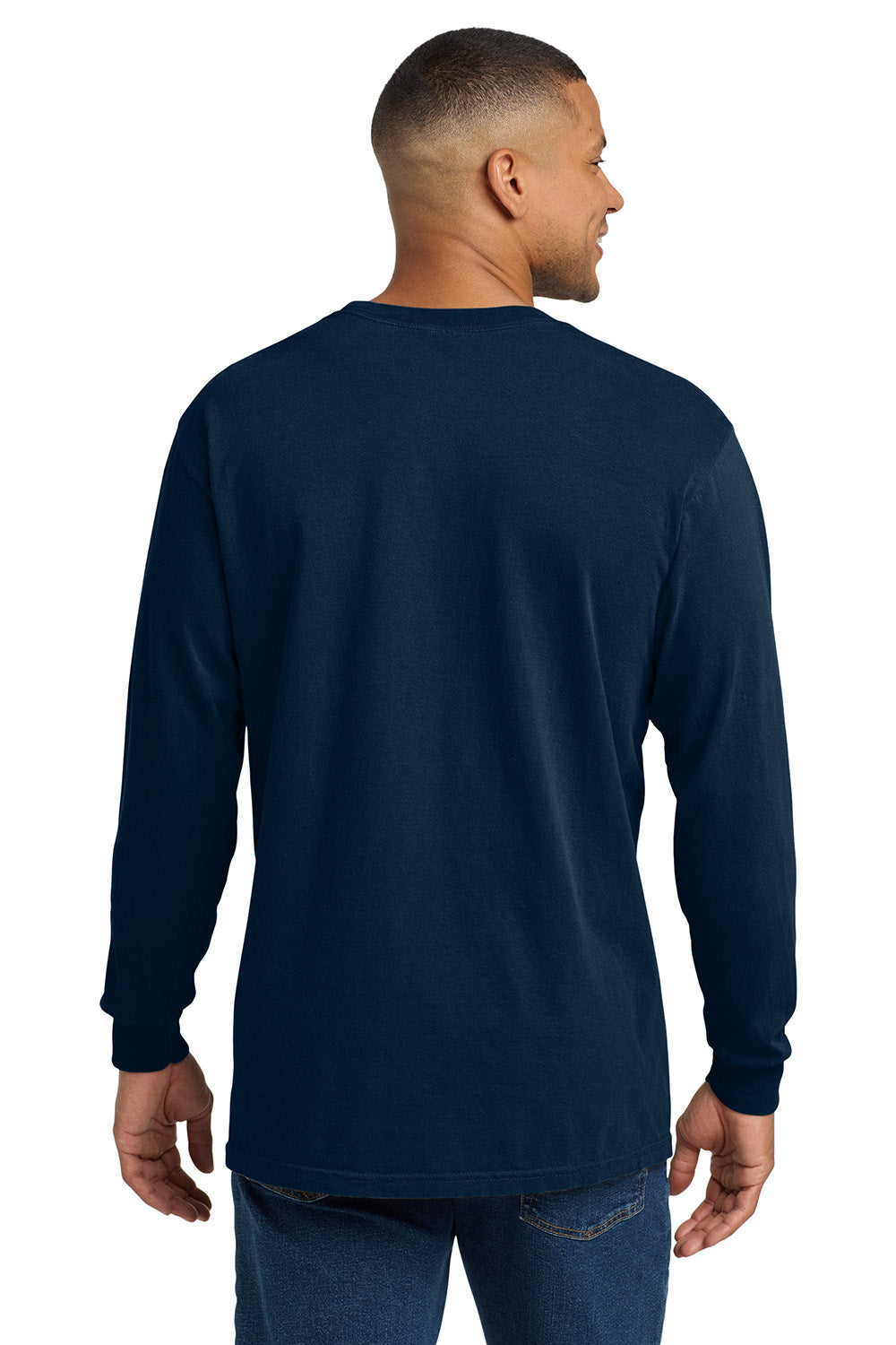 Comfort Colors 4410/C4410 Mens Long Sleeve Crewneck T-Shirt w/ Pocket True Navy Blue Model Back