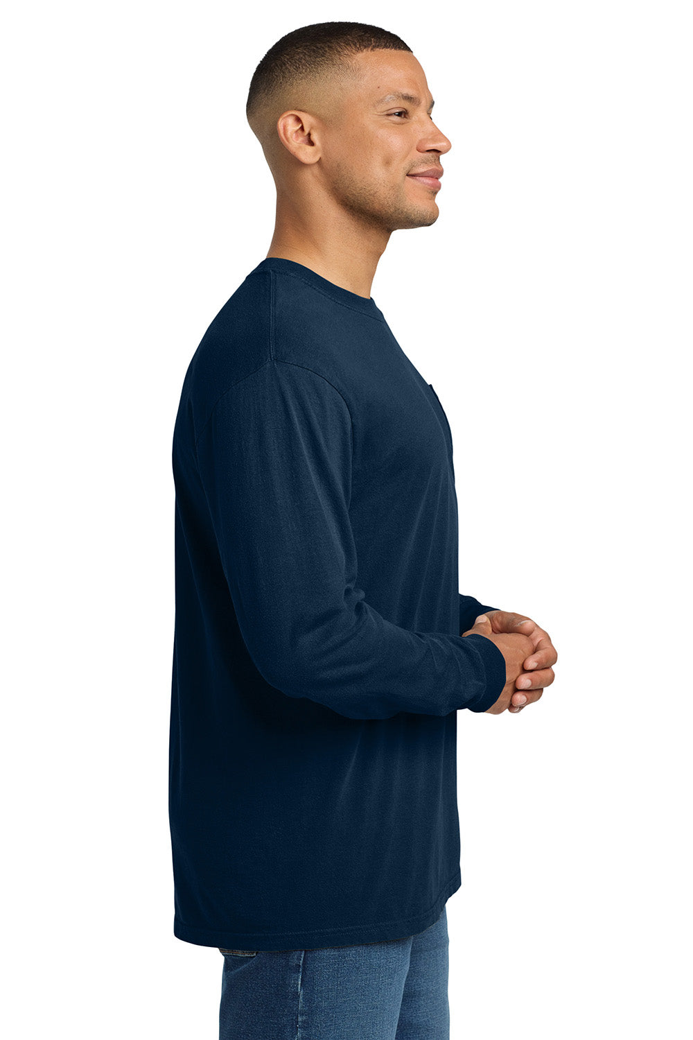 Comfort Colors 4410/C4410 Mens Long Sleeve Crewneck T-Shirt w/ Pocket True Navy Blue Model Side