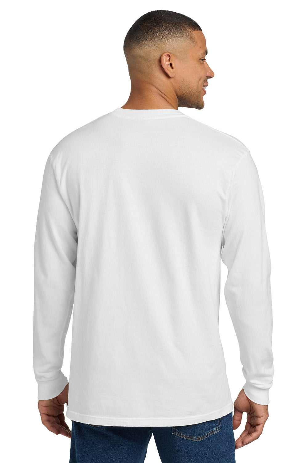 Comfort Colors 4410/C4410 Mens Long Sleeve Crewneck T-Shirt w/ Pocket White Model Back