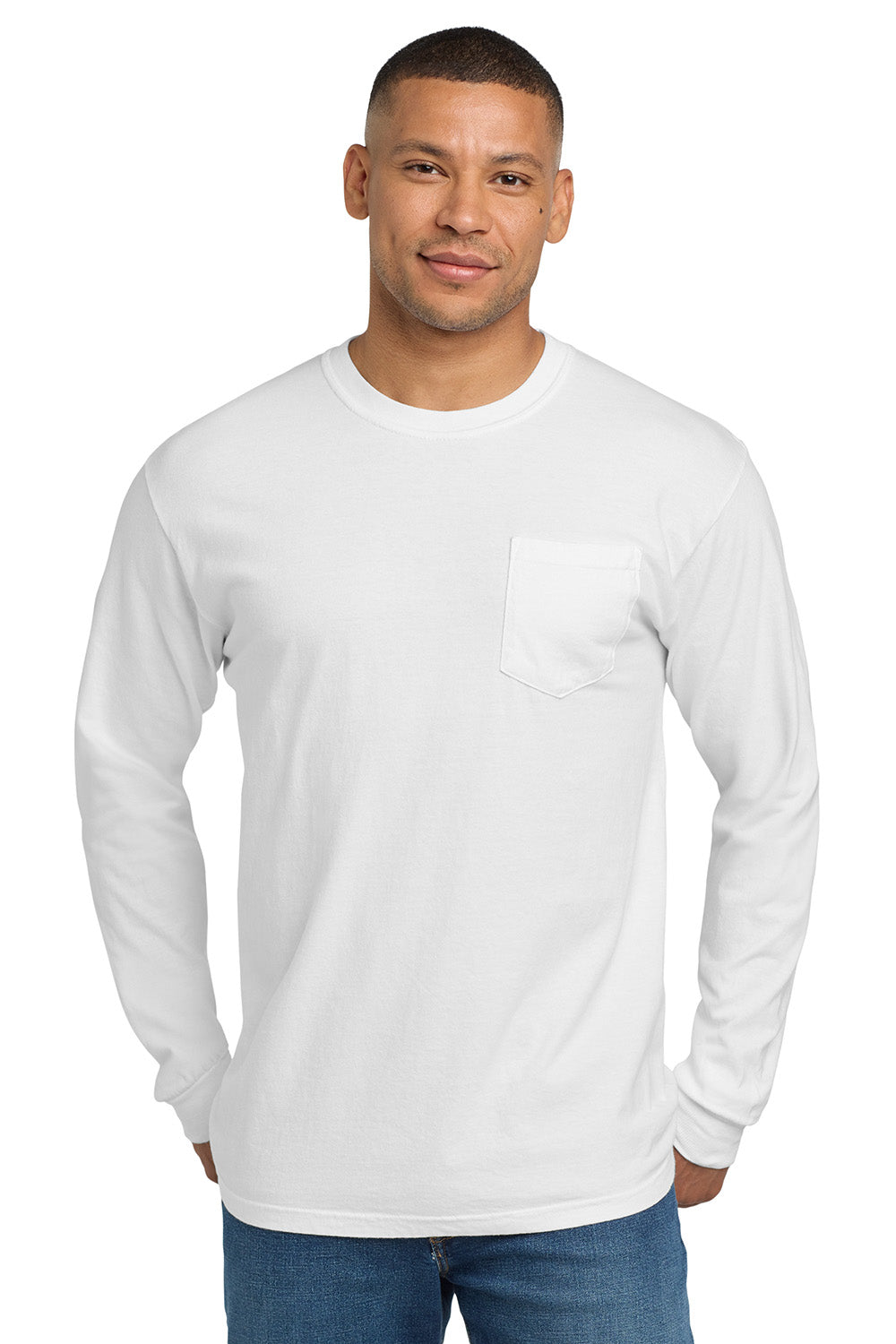 Comfort Colors 4410/C4410 Mens Long Sleeve Crewneck T-Shirt w/ Pocket White Model Front