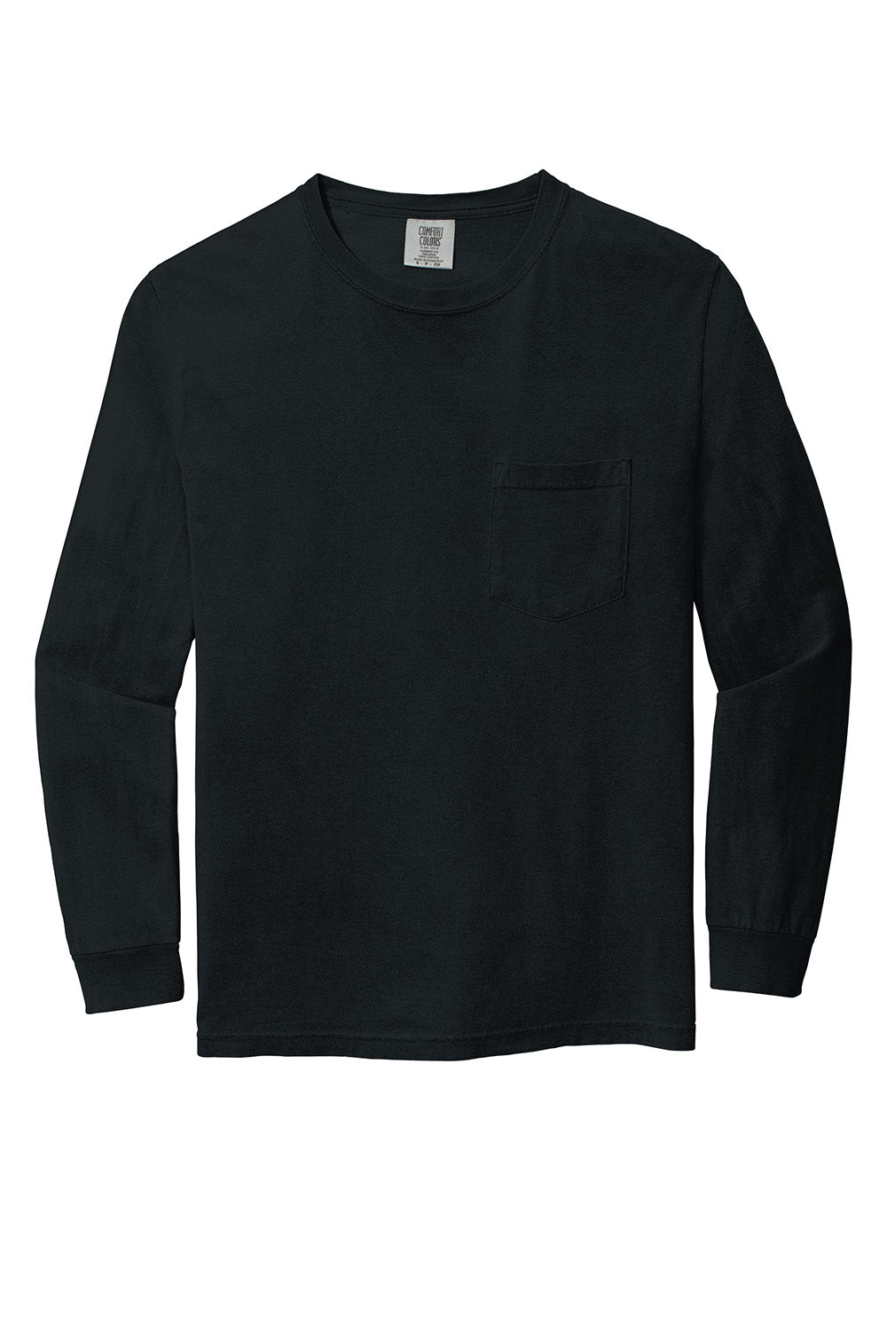 Comfort Colors 4410/C4410 Mens Long Sleeve Crewneck T-Shirt w/ Pocket Black Flat Front