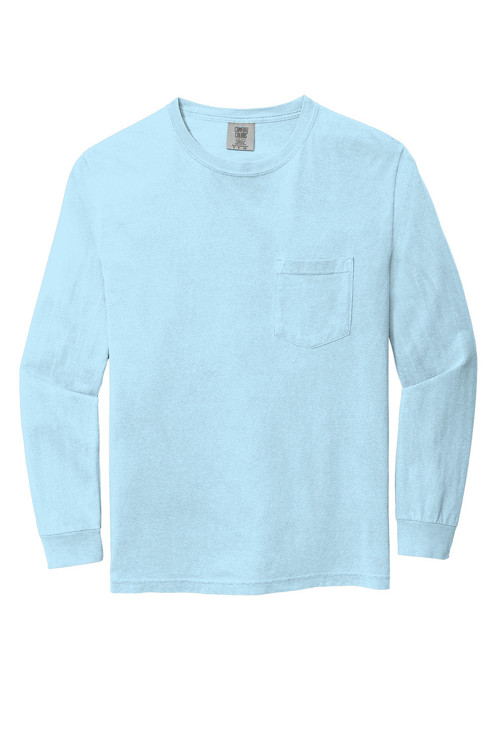 Comfort Colors 4410/C4410 Mens Long Sleeve Crewneck T-Shirt w/ Pocket Chambray Blue Flat Front